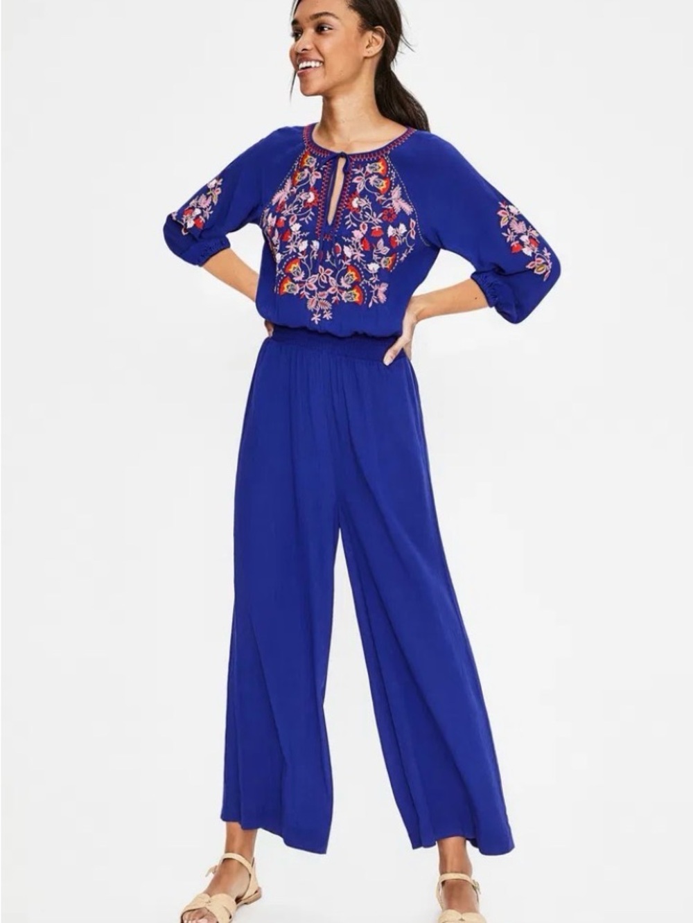 Boden Cobalt Blue Embroidered Wide-Leg Jumpsuit